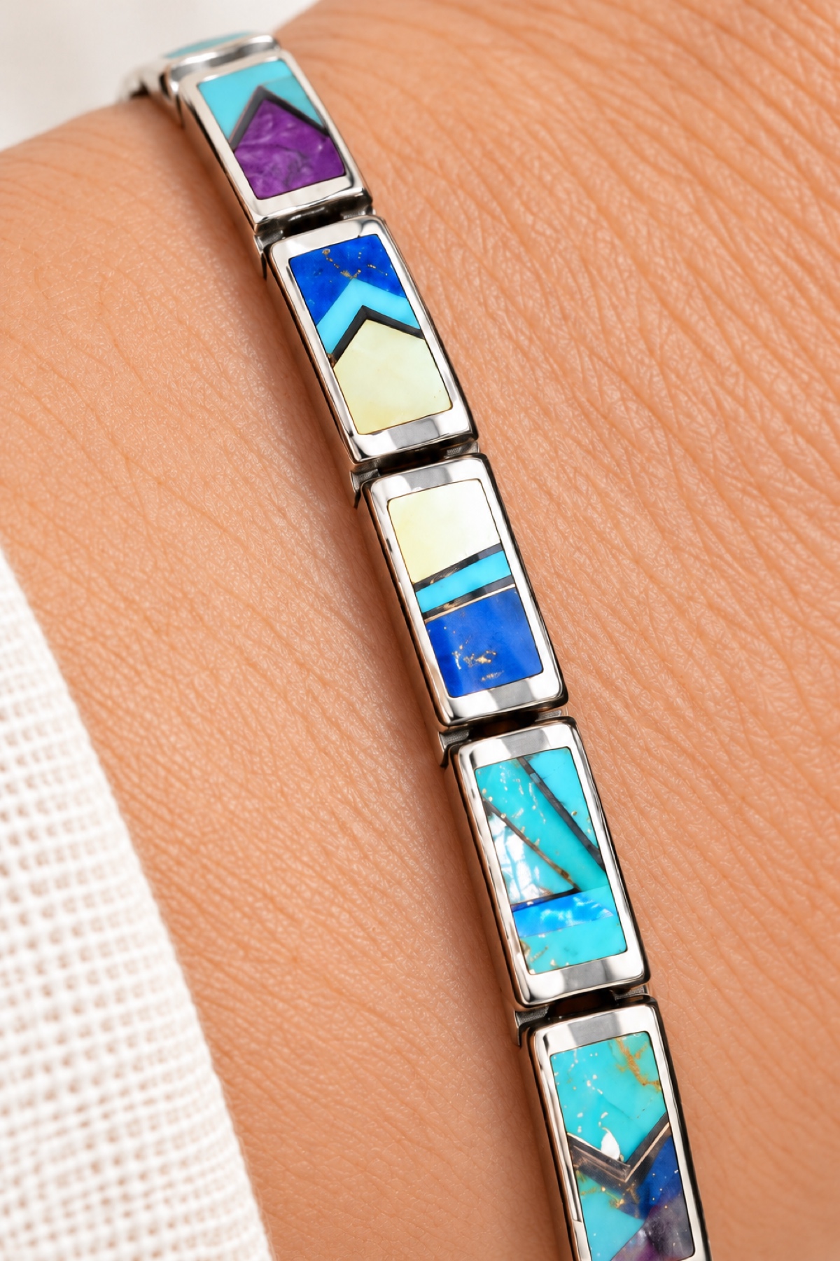 G.L. Miller Lapis Lazuli, Turquoise & Man Made Opal Inlay Link Bracelet