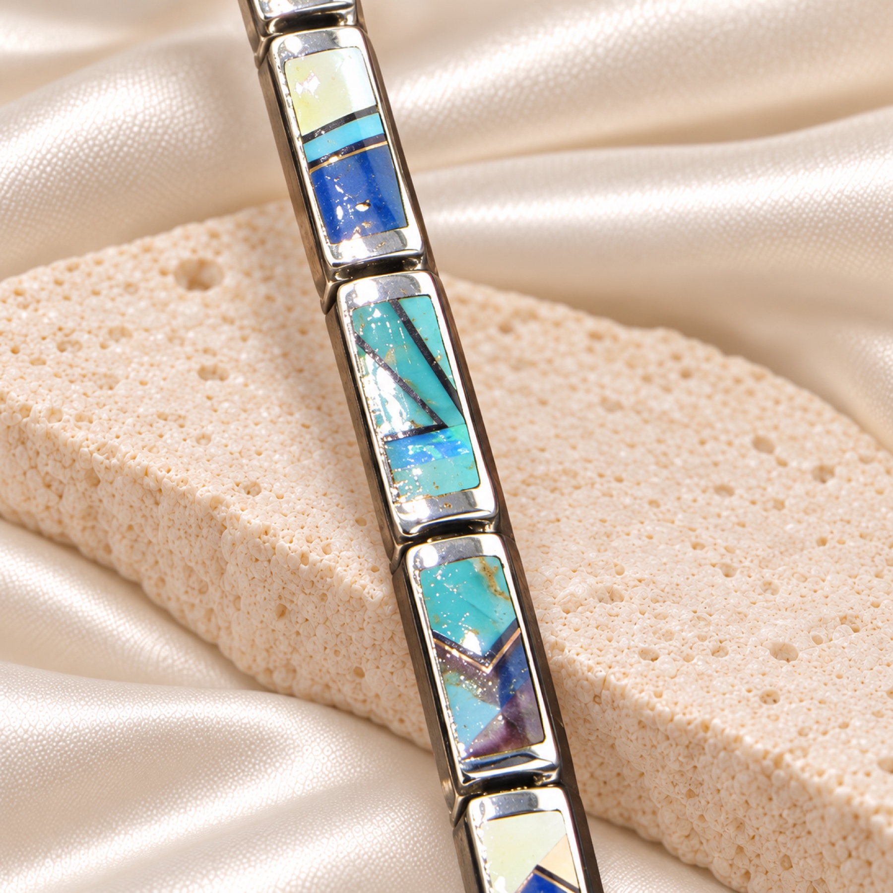 G.L. Miller Lapis Lazuli, Turquoise & Man Made Opal Inlay Link Bracelet