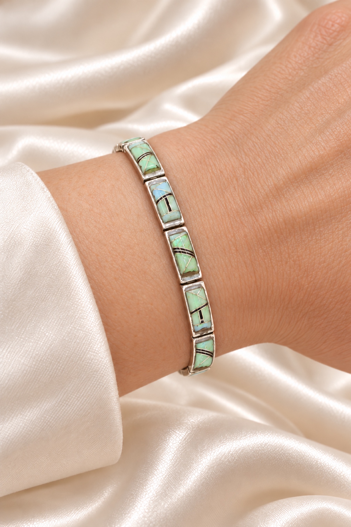 G.L. Miller Man Made Opal & Onyx Inlay Link Bracelet