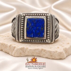 G.L. Miller Rectangular Deep Blue Stone Ring with Feather Shoulders