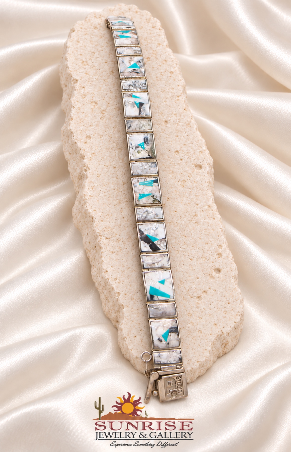 G.L. Miller White Buffalo & Turquoise Mosaic Inlay Wide Link Bracelet
