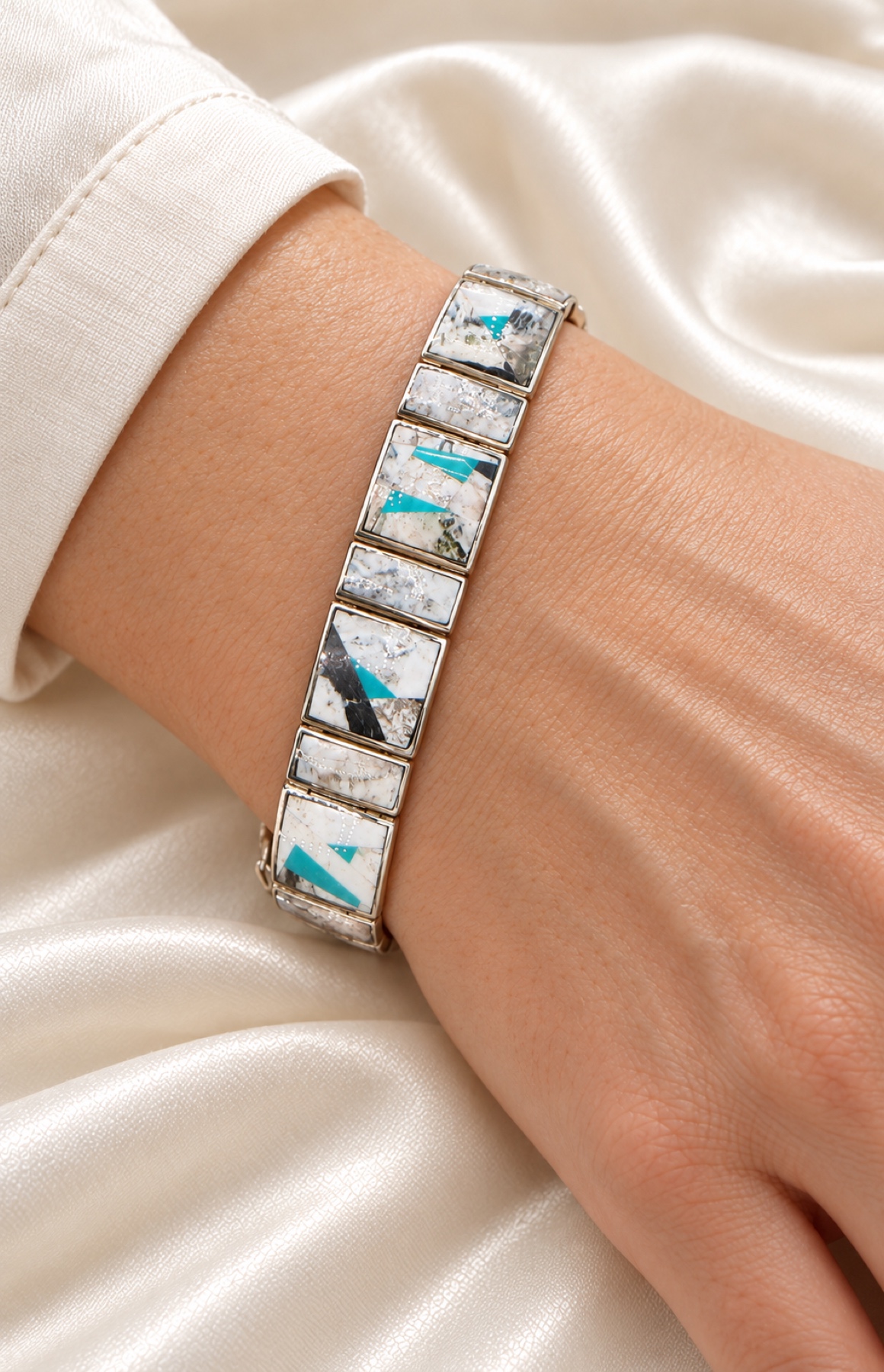 G.L. Miller White Buffalo & Turquoise Mosaic Inlay Wide Link Bracelet