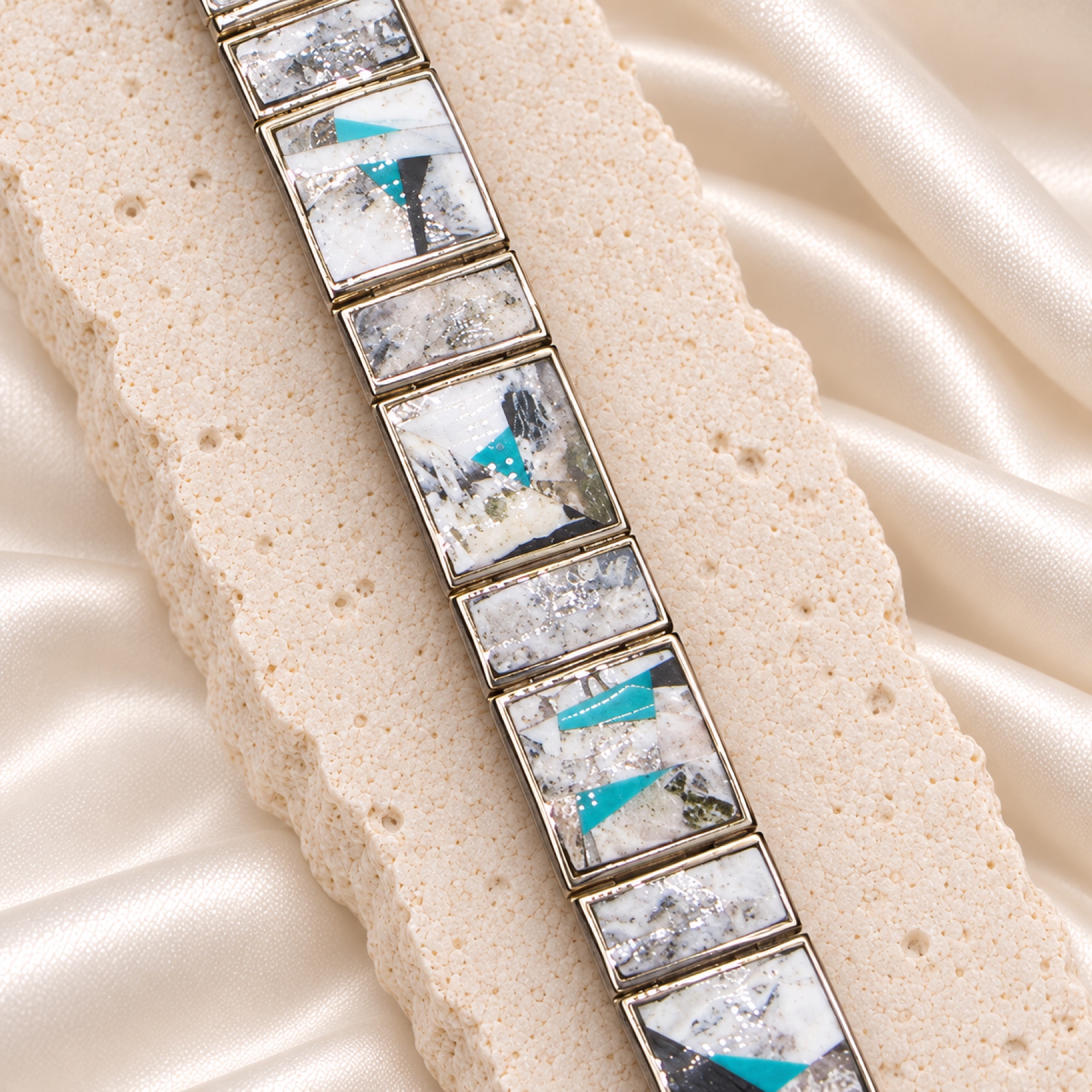 G.L. Miller White Buffalo & Turquoise Mosaic Inlay Wide Link Bracelet