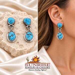 Kingman Turquoise Nugget Post Dangle Earrings with Smooth Frame