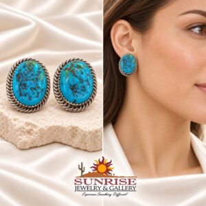 Kingman Turquoise Oval Earrings with Double Twisted Rope Border