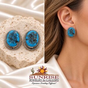 Kingman Turquoise Oval Post Earrings with Twisted Rope Border