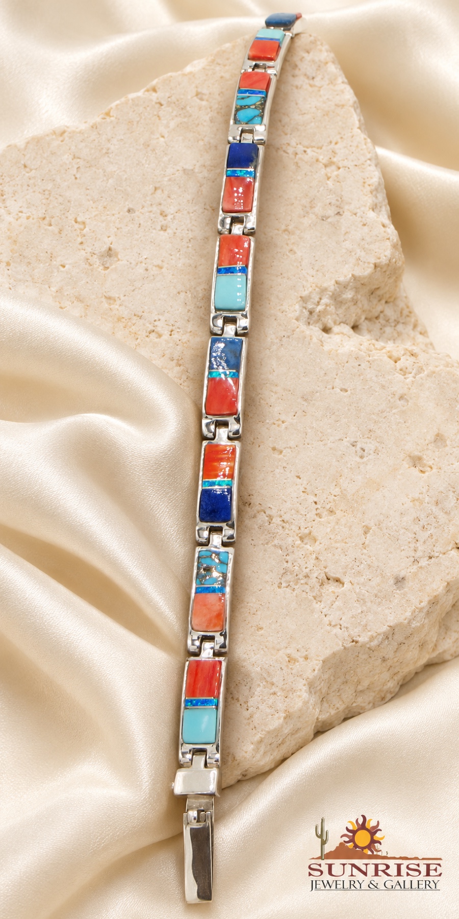 Lazuli Deep Blue, Red-Orange and Turquoise-Color Inlay Link Bracelet
