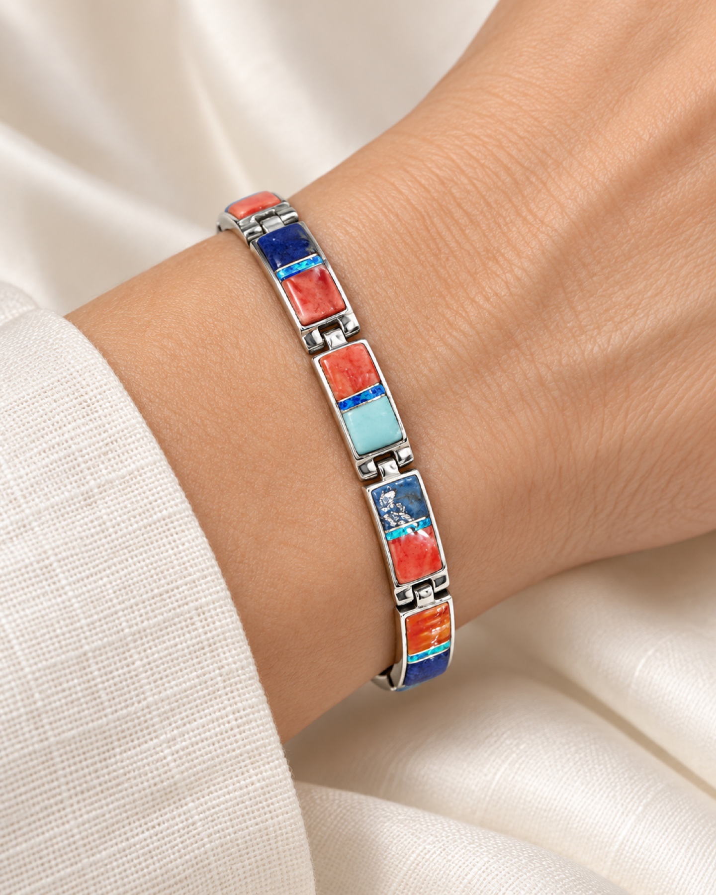 Lazuli Deep Blue, Red-Orange and Turquoise-Color Inlay Link Bracelet