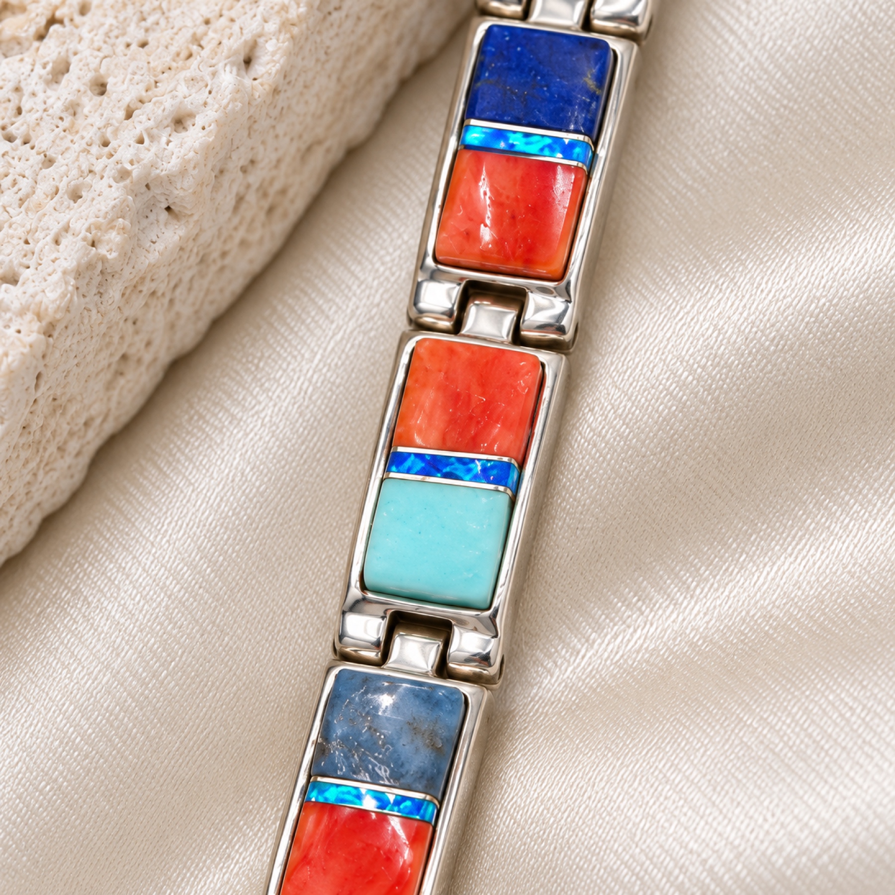 Lazuli Deep Blue, Red-Orange and Turquoise-Color Inlay Link Bracelet
