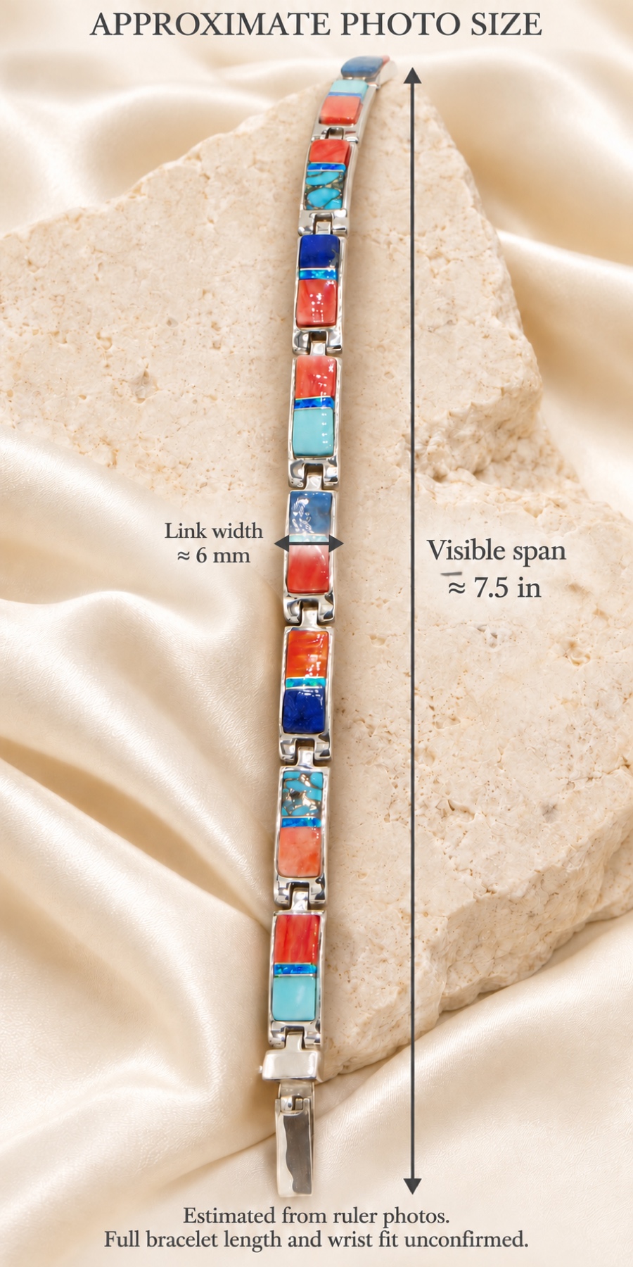 Lazuli Deep Blue, Red-Orange and Turquoise-Color Inlay Link Bracelet