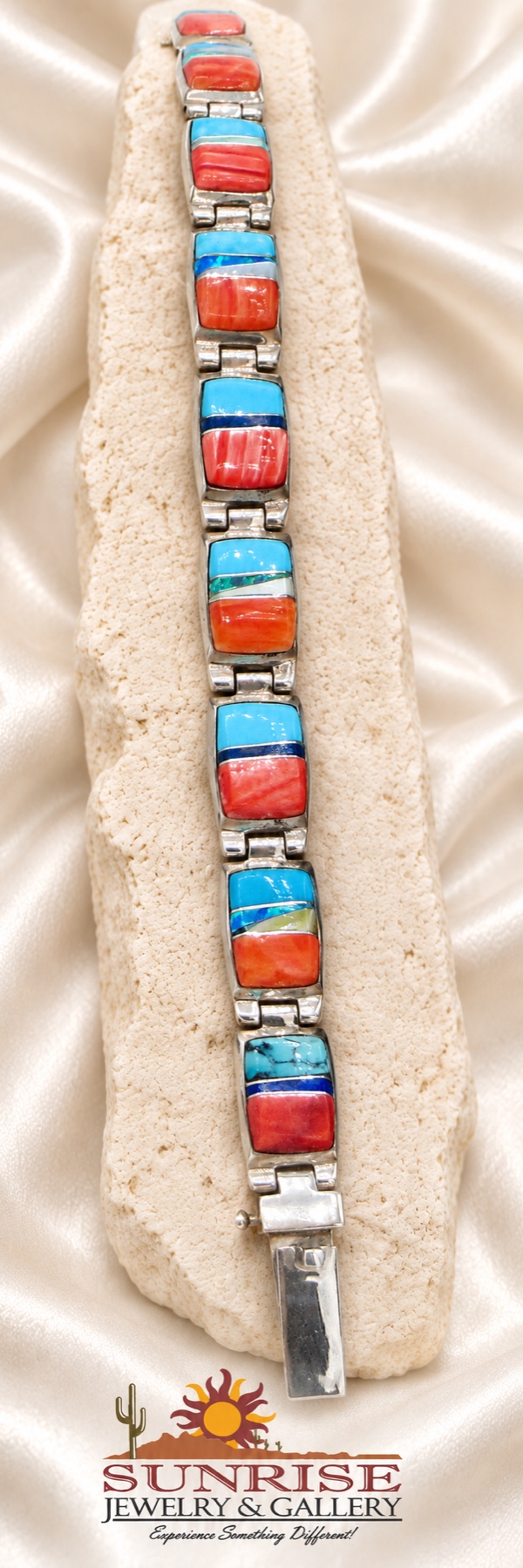 Lazuli Wide Turquoise-Color and Orange-Red Inlay Link Bracelet
