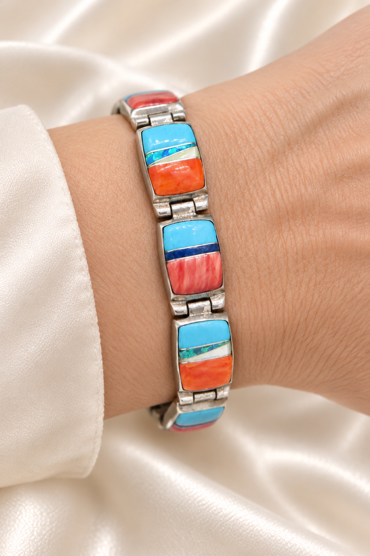 Lazuli Wide Turquoise-Color and Orange-Red Inlay Link Bracelet