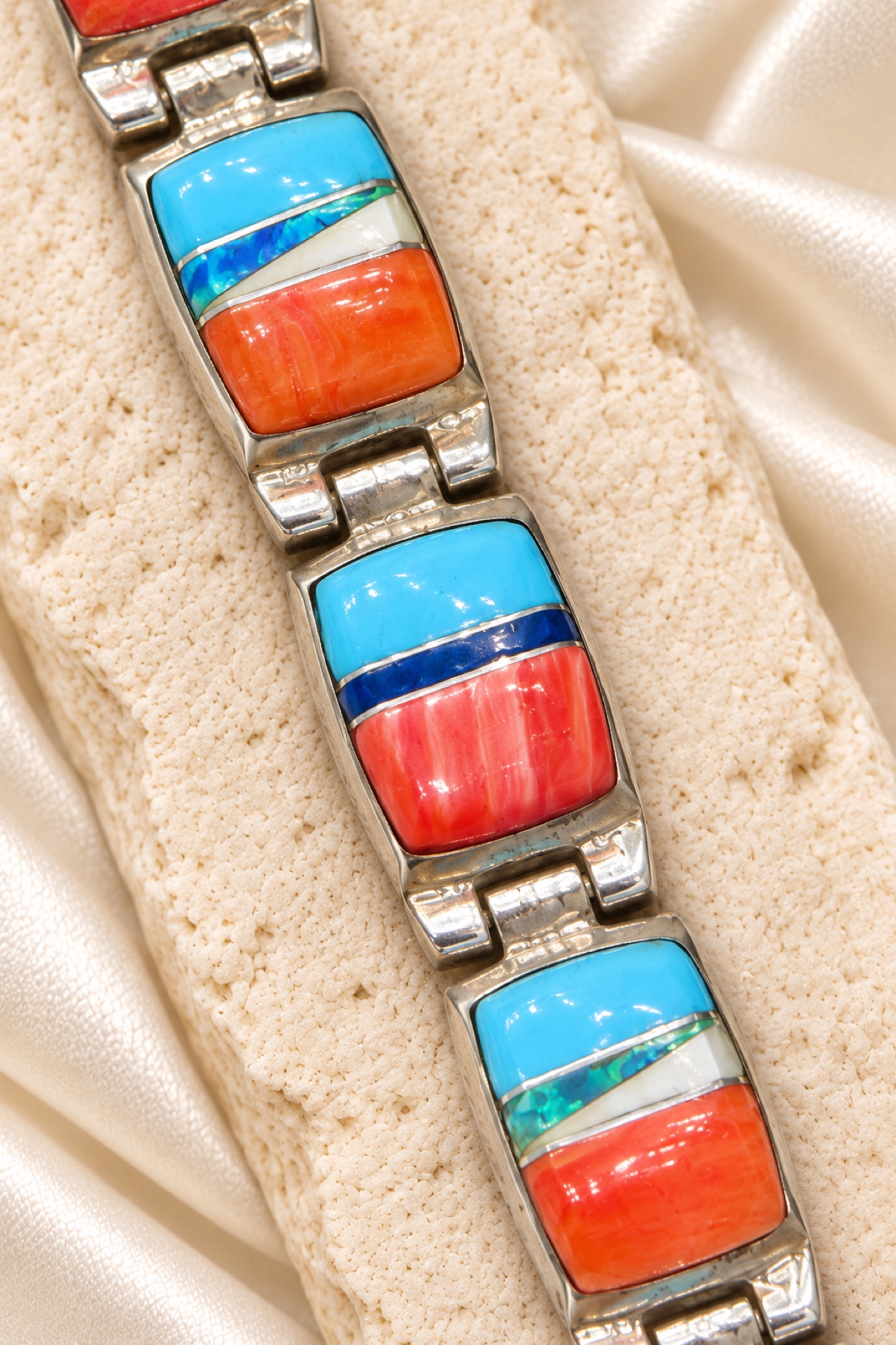 Lazuli Wide Turquoise-Color and Orange-Red Inlay Link Bracelet