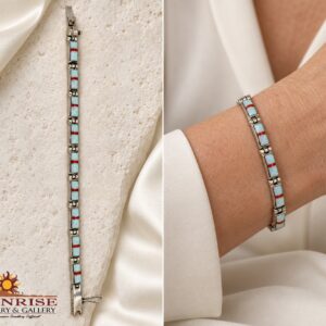 Man Made Opal & Coral Inlay Hinged Link Bracelet