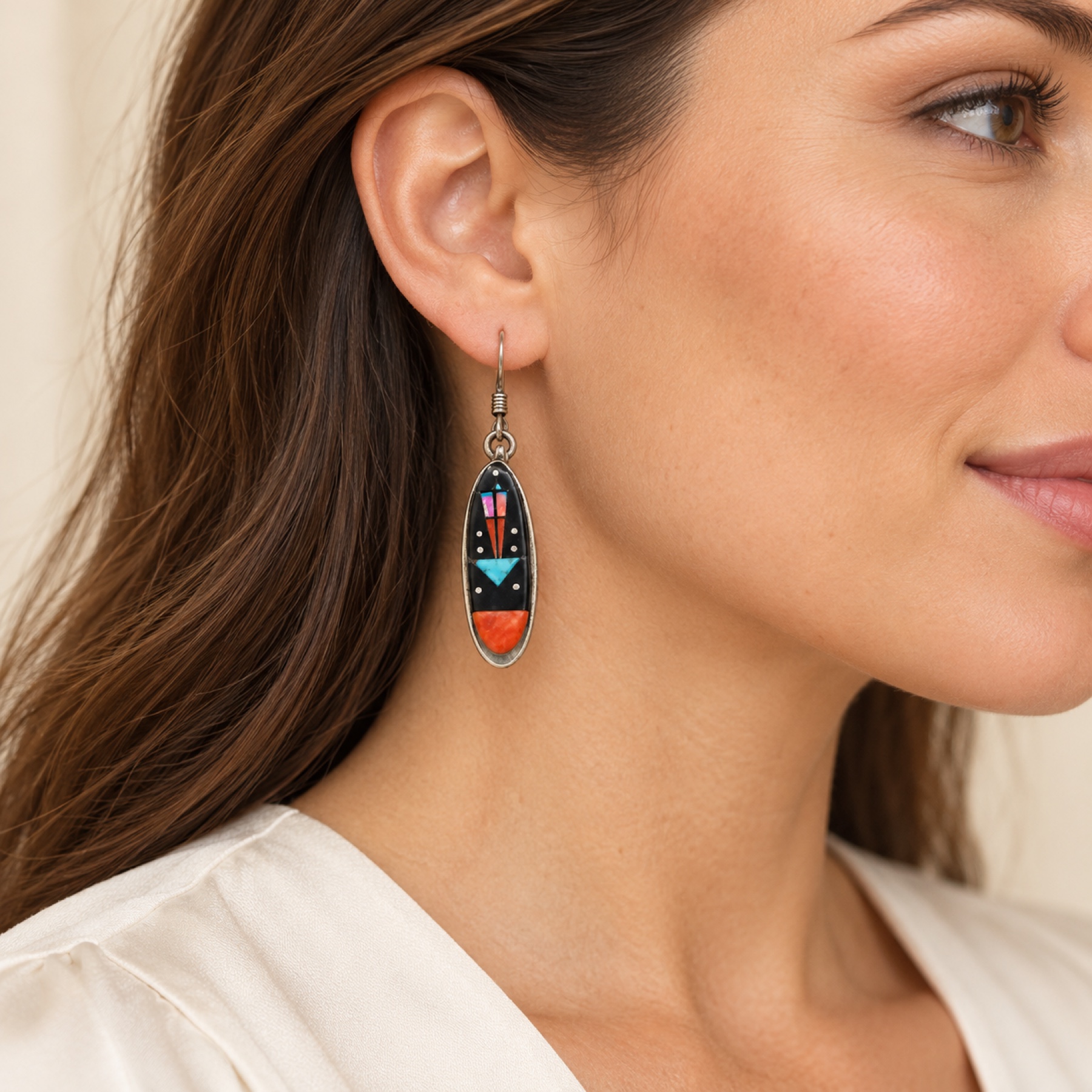 Multicolor Inlay Oval Drop Earrings