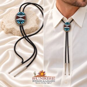 Oval Geometric Inlay Bolo Tie