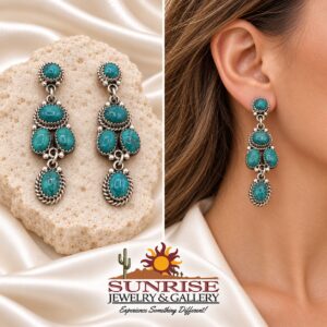 Pilot Mountain Turquoise Five-Stone Cluster Post Dangle Earrings with Rope Trim