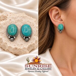 Pilot Mountain Turquoise Oval Stud Earrings with Rope Border and Stamped Fan