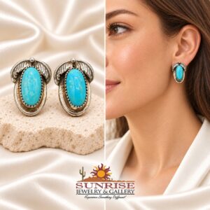 Sleeping Beauty Turquoise Oval Earrings with Twin Feather Accents