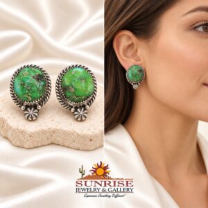 Sonoran Gold Turquoise Round Rope-Edge Earrings with Stamped Accent