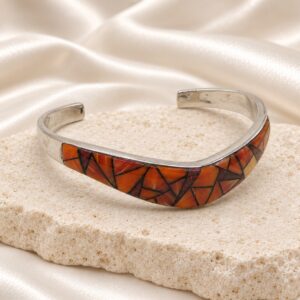 Spiny Oyster & Man Made Opal Mosaic Inlay Cuff Bracelet