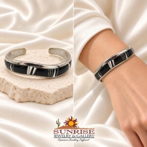 Sterling Silver & Black Onyx Inlay Wave Cuff Bracelet