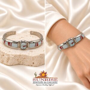 Sterling Silver, Man Made Opal & Coral Inlay Center Cuff Bracelet