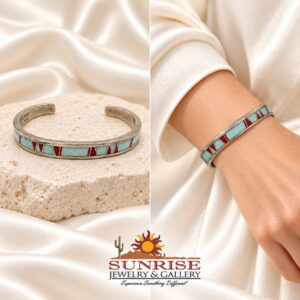 Sterling Silver, Man Made Opal & Coral Inlay Cuff Bracelet