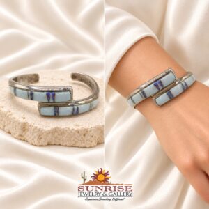 Sterling Silver & Man Made Opal Inlay Bypass Cuff Bracelet