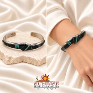 Sterling Silver, Onyx & Man Made Opal Notched Inlay Cuff Bracelet