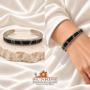 Sterling Silver, Onyx & Man Made Opal Slim Inlay Cuff Bracelet