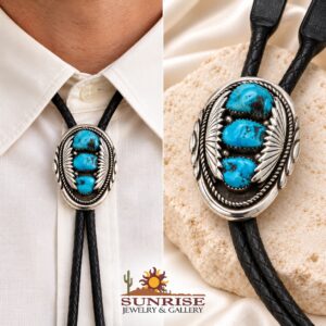 Three Blue Stone Feather-Detail Bolo Tie