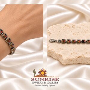 Tiger's Eye, Onyx & Coral Pyramid Inlay Link Bracelet