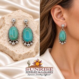 Turquoise Dangle Earrings with Beaded Border and Ball Posts