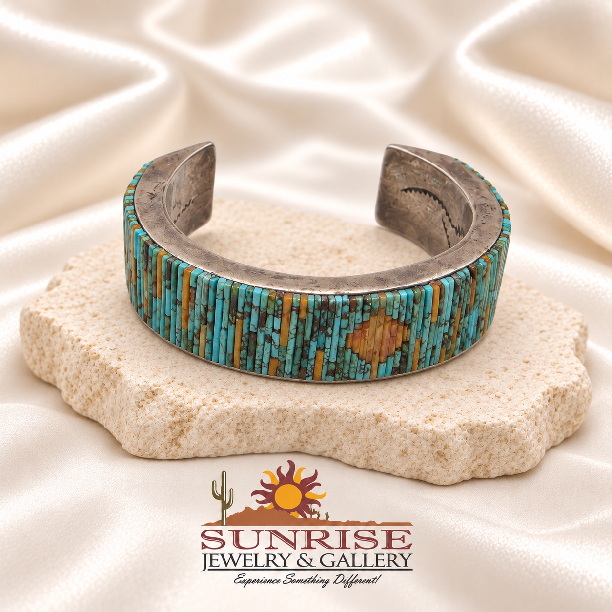 Turquoise Mosaic Inlay Wide Cuff Bracelet with Tan Accents