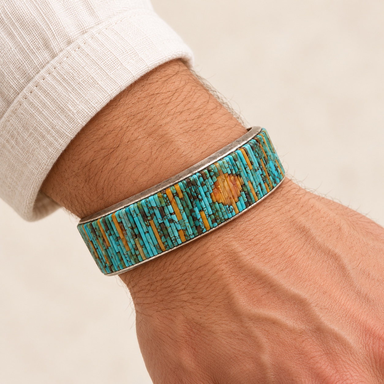 Turquoise Mosaic Inlay Wide Cuff Bracelet with Tan Accents