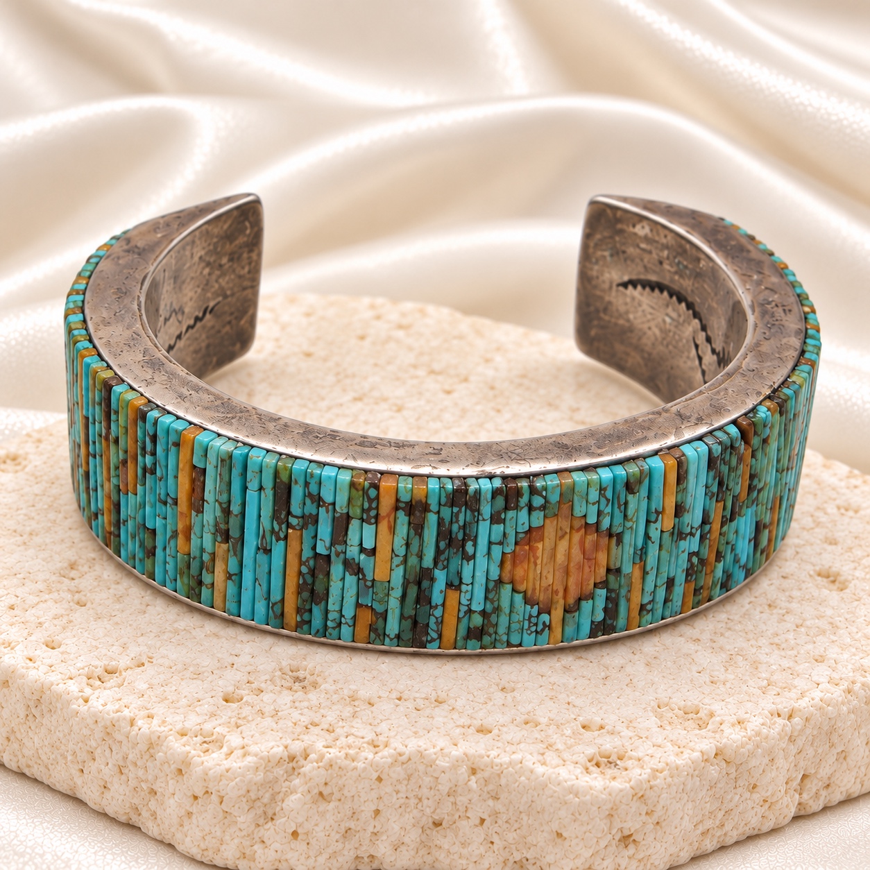 Turquoise Mosaic Inlay Wide Cuff Bracelet with Tan Accents