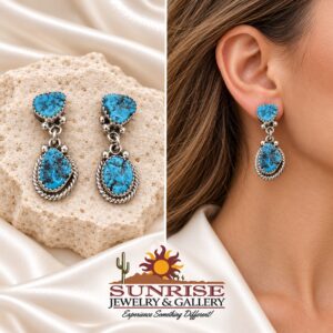 Turquoise Nugget Post Dangle Earrings with Rope Border
