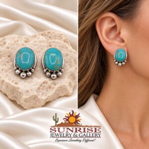 Turquoise Oval Post Earrings with Silver Bead Cluster