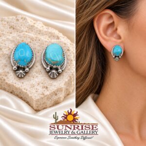 Turquoise Oval Post Earrings with Stamped Fan Accent