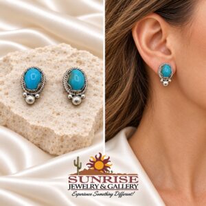 Turquoise Oval Post Earrings with Twisted Rope Border