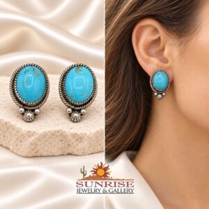 Turquoise Oval Post Earrings with Twisted Rope Border