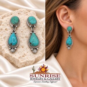 Turquoise Oval and Teardrop Post Dangle Earrings with Rope Border