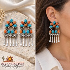 Turquoise & Spiny Oyster Cluster Earrings with Silver Fringe