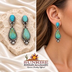 Turquoise Teardrop Two-Stone Post Dangle Earrings with Rope Border