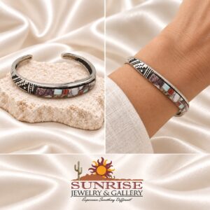 White Matrix Stone & Man Made Opal Inlay Geometric Cuff Bracelet