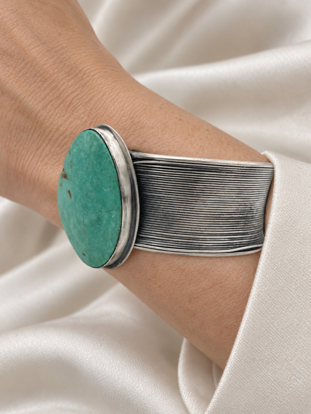 Navajo Sterling Silver & Carico Lake Turquoise Wide Cuff Bracelet, worn