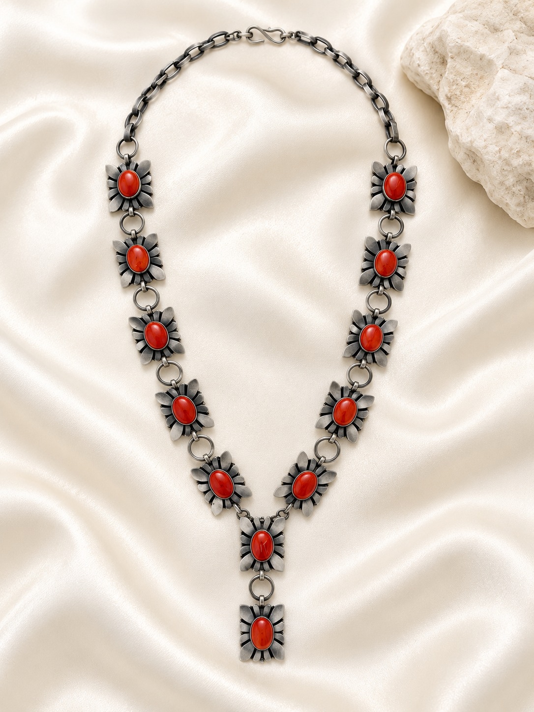 Navajo Sterling Silver & Spiny Oyster 12 Station Drop Necklace