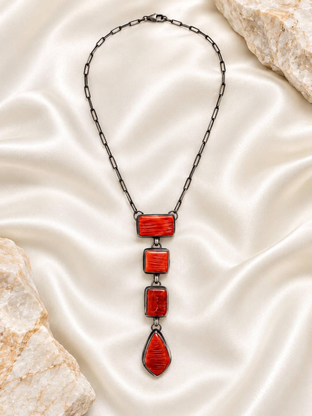 Navajo Sterling Silver & Spiny Oyster 4-Station Drop Necklace