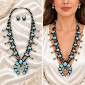 Sterling SIlver & Golden Hills Turquoise Squash Blossom Necklace and Earrings Set